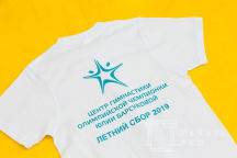 Футболки с логотипом и надписью «Центр гимнастики олимпийской чемпионки Юлии Барсуковой»